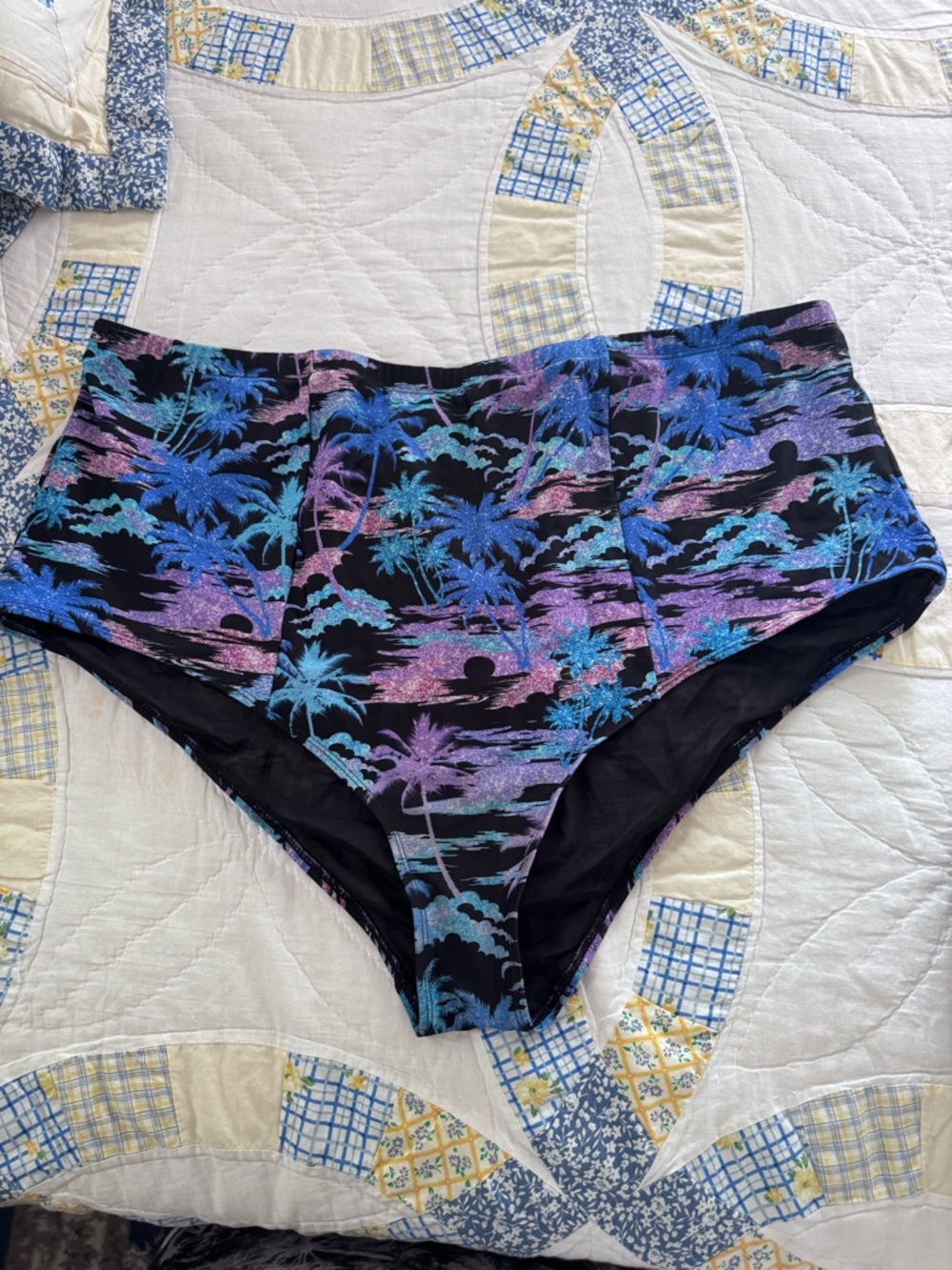 High-Waist Women’s Swim Briefs in Black with Blue & Purple Palm Print